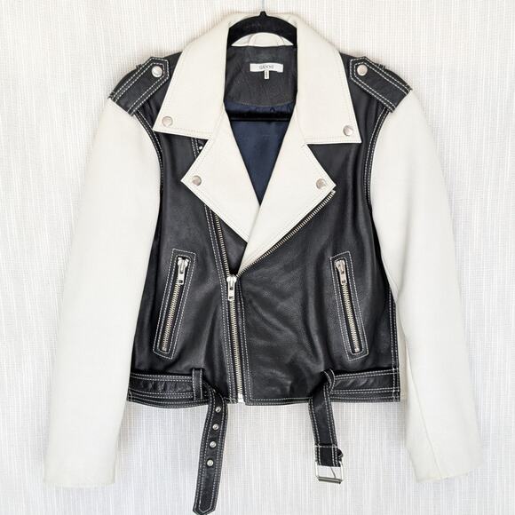 Ganni Black/White Heavy Leather Biker Full Zip Jacket, size EU40/US8-10 - Picture 2 of 11